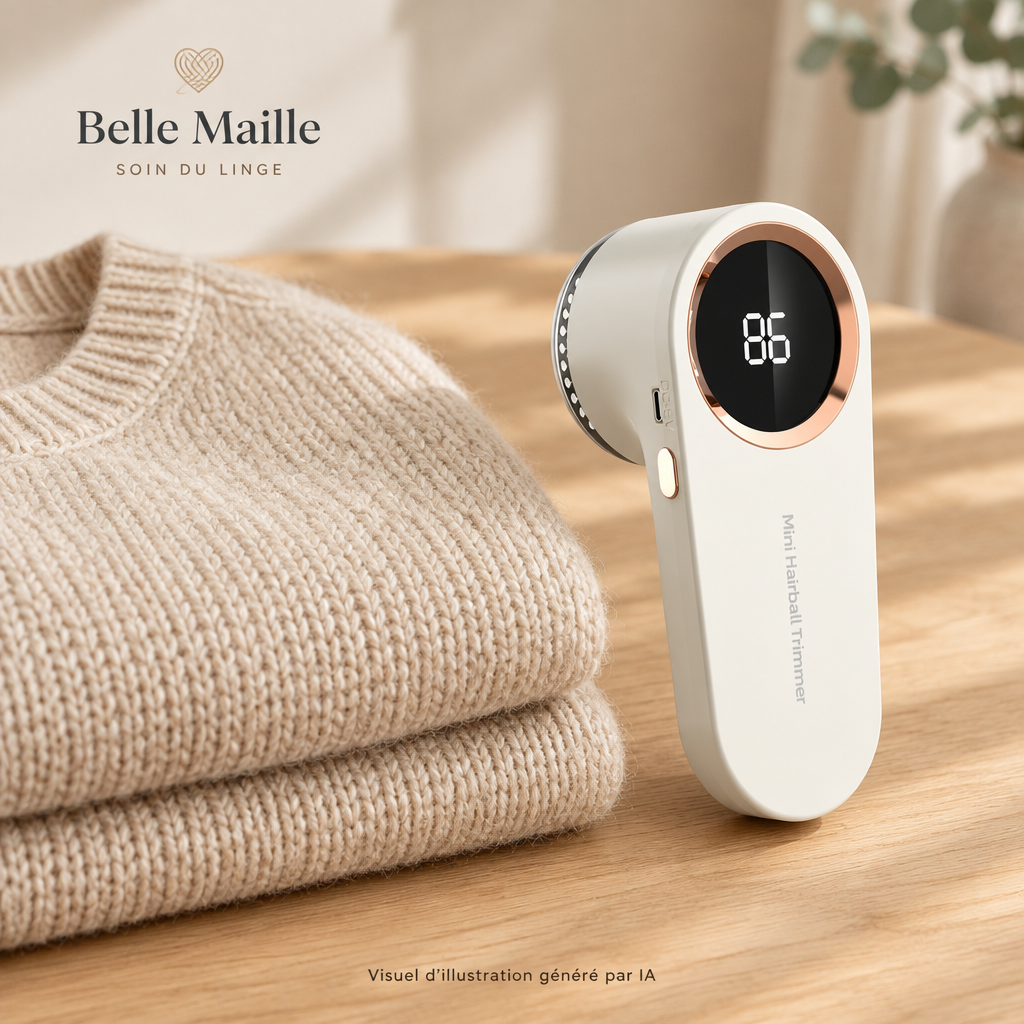 Illustration du rasoir Belle Maille à côté d’un pull
